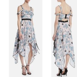 Self Portrait Asymmetric Pink Floral Print Midi A Line Dress, size 10